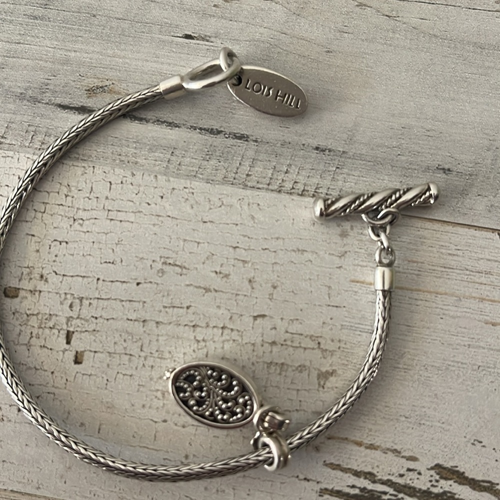 Lois Hill Sterling Silver Locket Charm Toggle Bracelet 925 Filigree Wheat Chain - Picture 4 of 9
